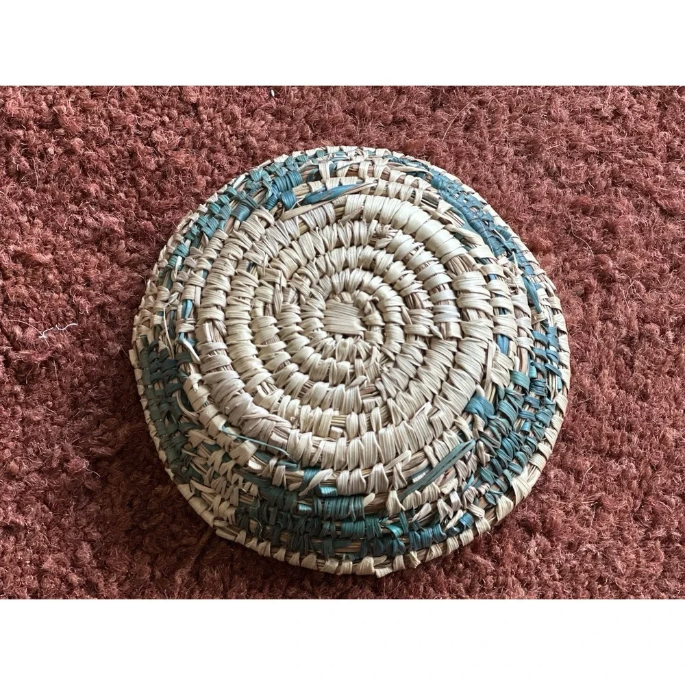 Handwoven Small Basket Trinket‎ Dish Boho Cream Blue Green Star
